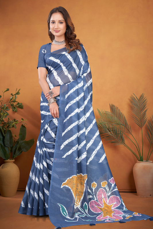 Blue Cotton Saree with Lehariya Print and Signature Floral Pallu