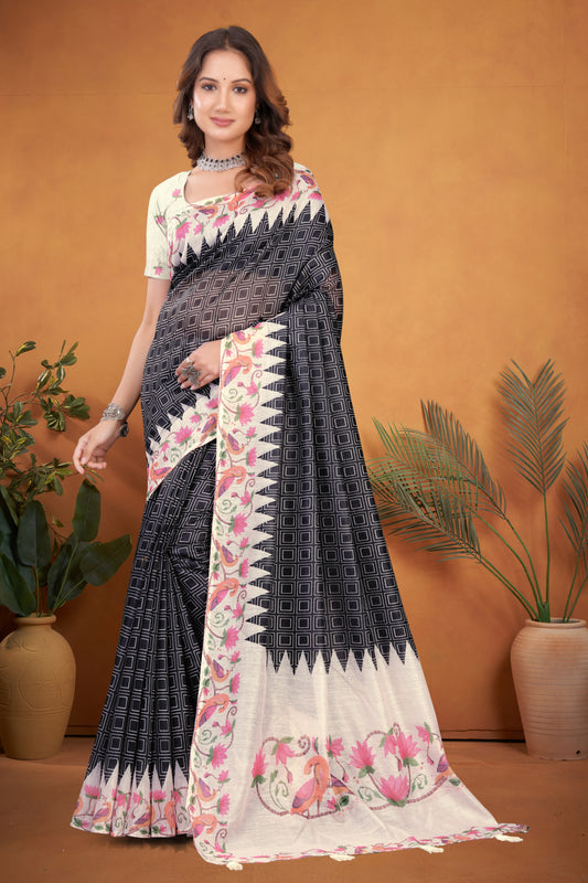 Cotton Saree with Geometric Temple Border and Lotus Motif Print
