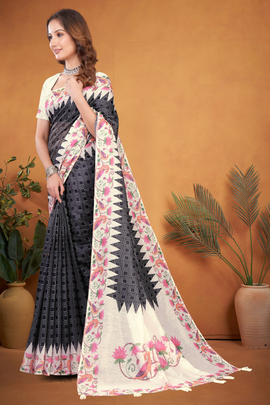 Cotton Saree with Geometric Temple Border and Lotus Motif Print