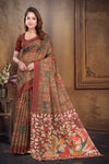 Maroon Cotton Saree with Kalamkari Peacock Folk Art Print