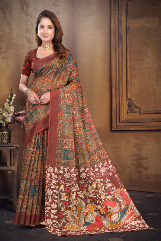 Maroon Cotton Saree with Kalamkari Peacock Folk Art Print