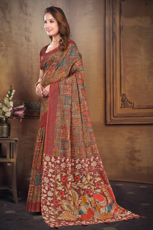 Maroon Cotton Saree with Kalamkari Peacock Folk Art Print
