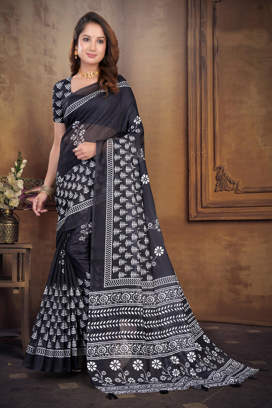 Black Cotton Saree with Dabu Block Print