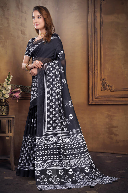 Black Cotton Saree with Dabu Block Print