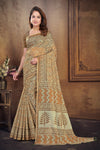 Olive Green Cotton Saree with Batik Print and Gold Zari Border