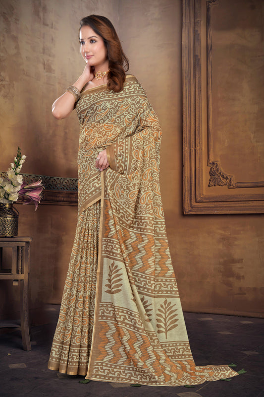 Olive Green Cotton Saree with Batik Print and Gold Zari Border