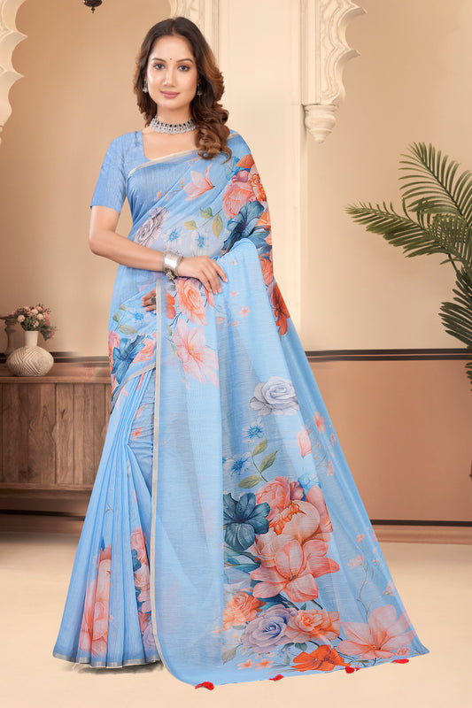 Blue Cotton Saree with Floral Print and Gold Zari Border