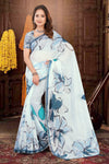 White Cotton Saree with Blue Floral Print and Gold Zari Border