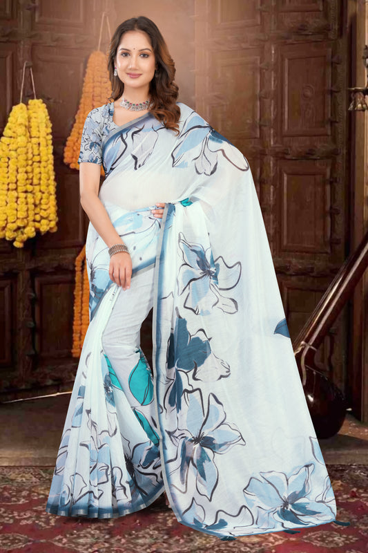 White Cotton Saree with Blue Floral Print and Gold Zari Border