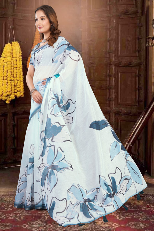 White Cotton Saree with Blue Floral Print and Gold Zari Border