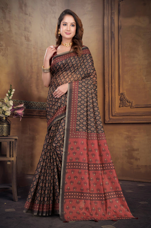 Brown Cotton Saree with Bagru Block Print and Gold Zari Border