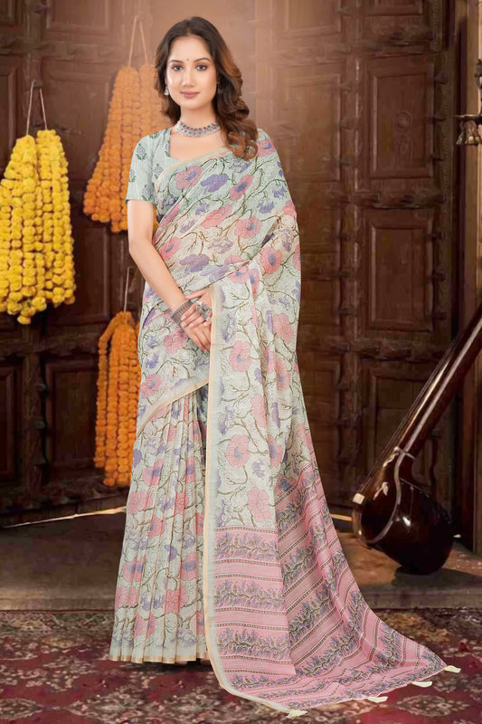 Cotton Saree with Pastel Floral All-Over Print and Gold Zari Border