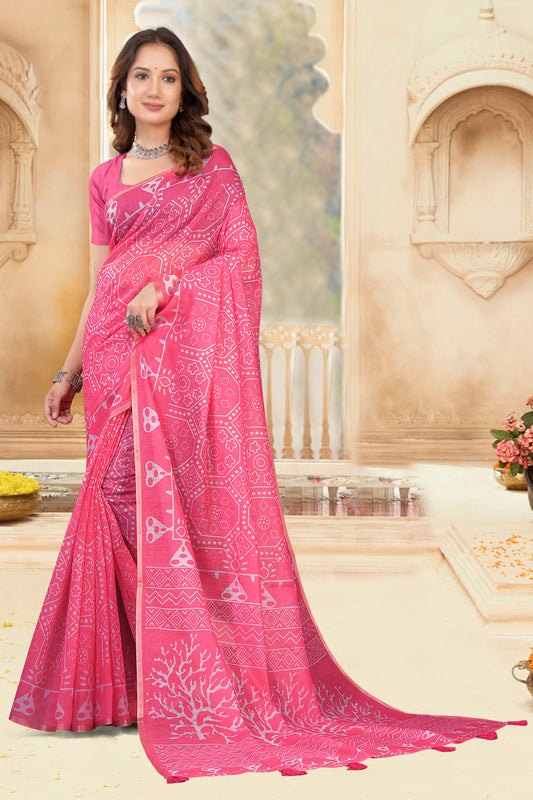 Rani Pink Cotton Saree with Batik Print and Gold Zari Border