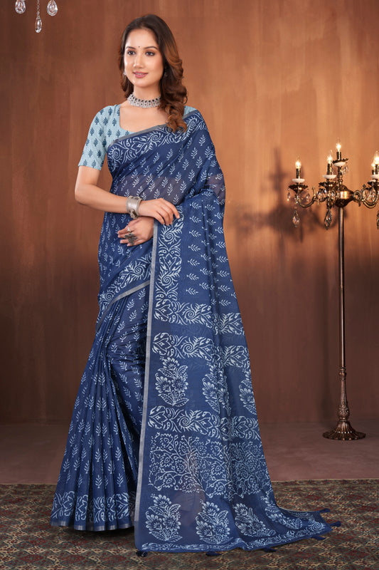 Indigo Blue Cotton Saree with Batik Print and Gold Zari Border