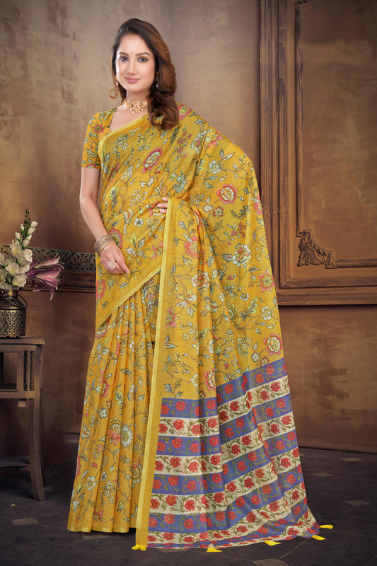 Yellow Cotton Saree with Floral All-Over Print and Gold Zari Border