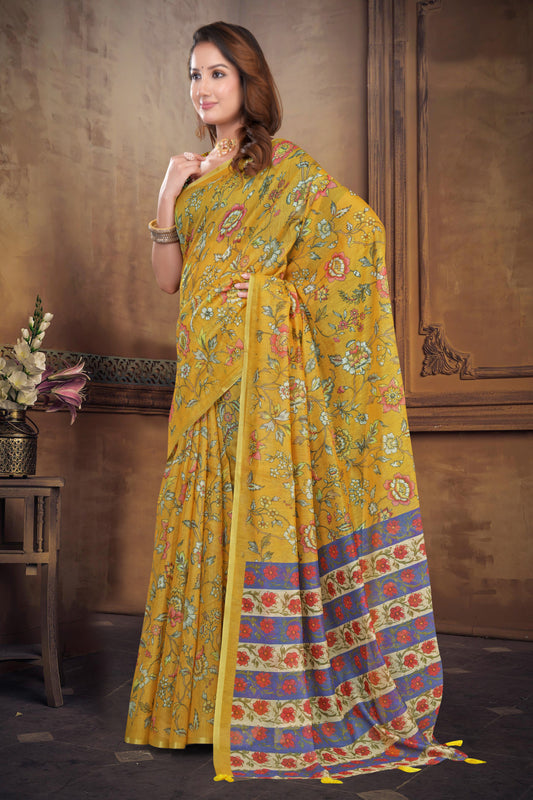 Yellow Cotton Saree with Floral All-Over Print and Gold Zari Border