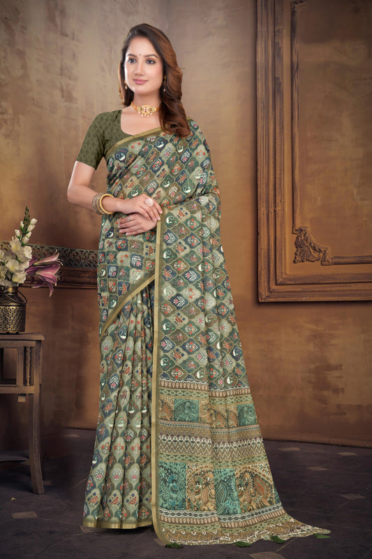 Olive Green Cotton Doriya Patola Print with Gold Zari Border
