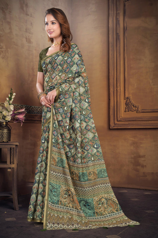 Olive Green Cotton Doriya Patola Print with Gold Zari Border