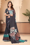 Black Cotton Saree with Botanical Fern Print