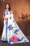 White Cotton Saree with Vibrant Peacock Crackle Print