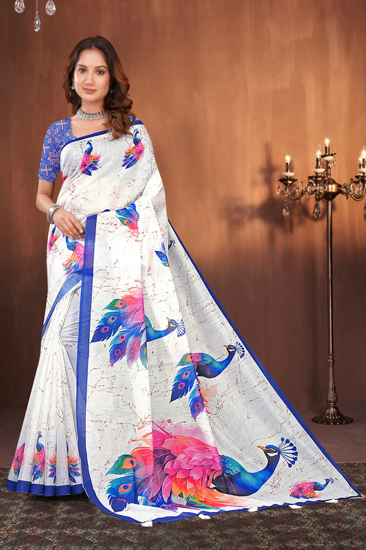 White Cotton Saree with Vibrant Peacock Crackle Print