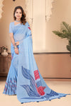 Sky Blue Cotton Saree with Botanical Leaf Print