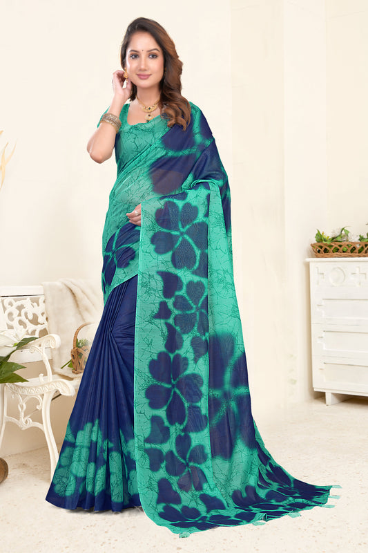 Sea Green Navy Cotton Saree with Floral Crackle Print
