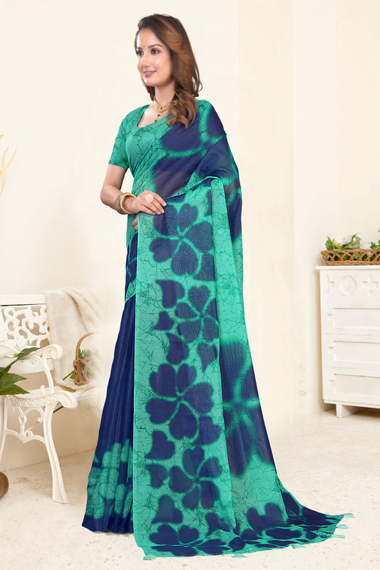 Sea Green Navy Cotton Saree with Floral Crackle Print