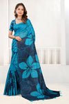 Turquoise Blue Cotton Saree with Floral Crackle Print