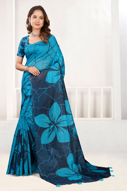 Turquoise Blue Cotton Saree with Floral Batik Crackle Print