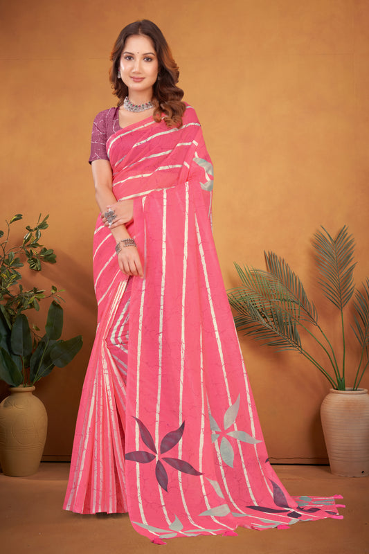 Bright Pink Cotton Saree with Striped Batik Floral Print