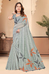 Grey Cotton Saree with Striped Floral Print