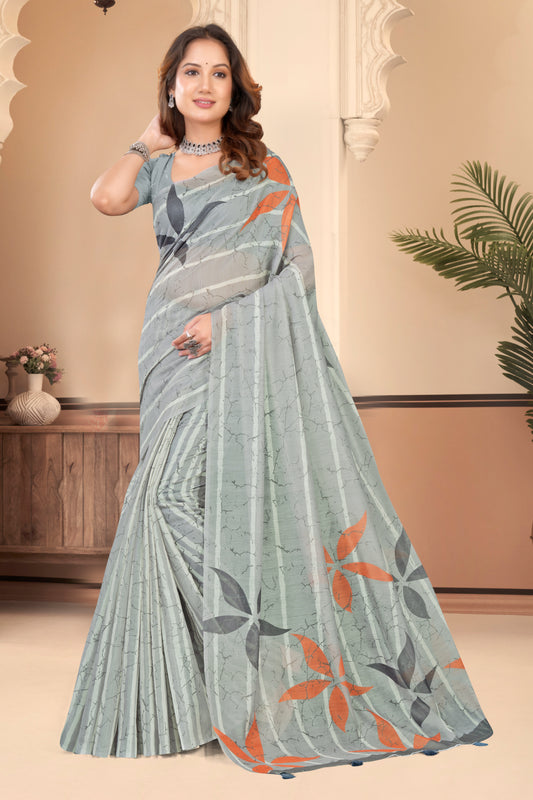 Grey Cotton Saree with Striped Batik Print