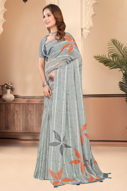 Grey Cotton Saree with Striped Batik Print
