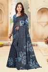 Blue Cotton Saree with Floral Crackle Print