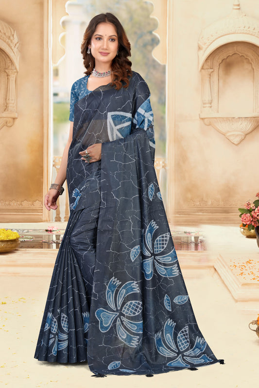 Navy Blue Cotton Saree with Floral Batik Crackle Print
