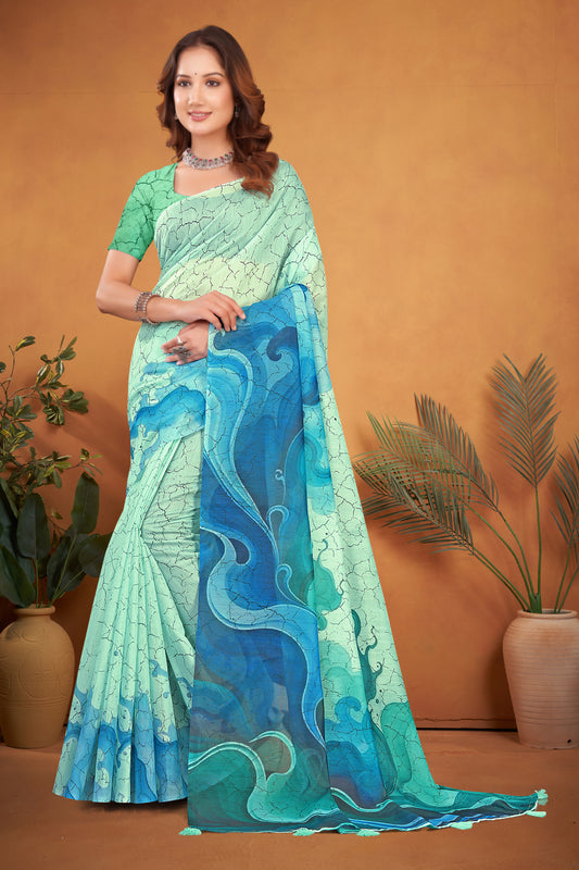 Mint Green Cotton Saree with Abstract Fluid Wave Batik Print