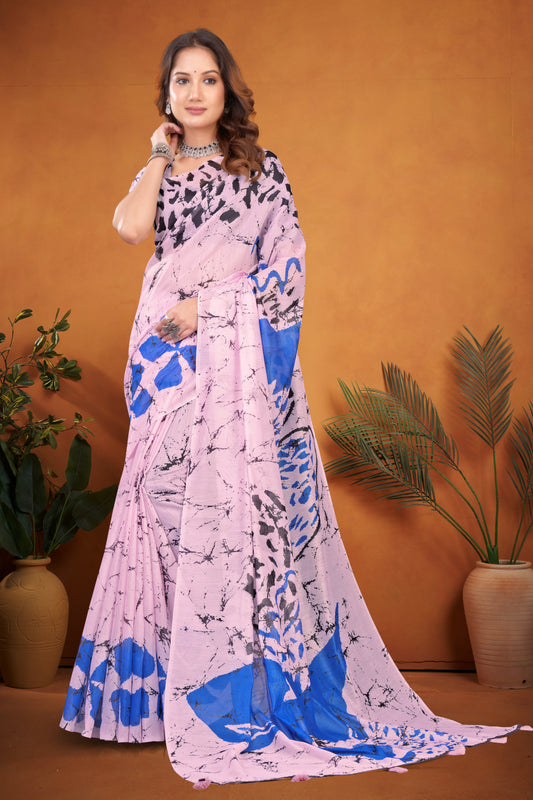 Pastel Pink Cotton Saree with Blue Abstract Brushstroke Batik Print