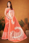 Coral Orange Cotton Saree with White Fern Print