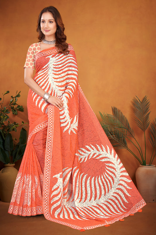 Coral Orange Cotton Saree with White Abstract Fern Batik Print
