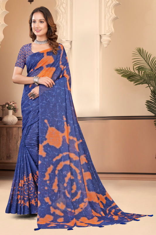 Carbon Blue Cotton Saree with Orange Shibori and Batik Crackle Print