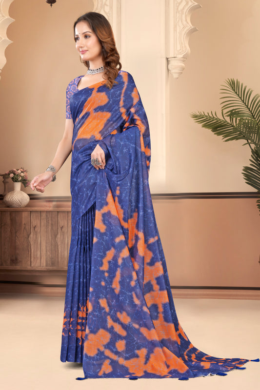 Carbon Blue Cotton Saree with Orange Shibori and Batik Crackle Print