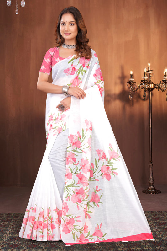 White Cotton Saree with Delicate Pink Floral Border Print