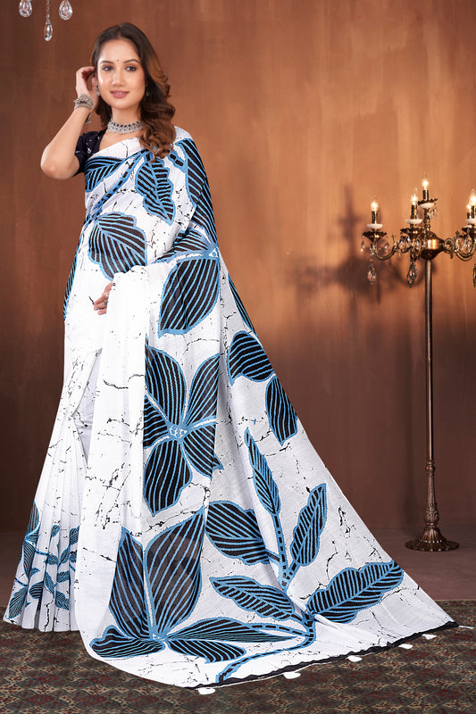 White Cotton Saree with Blue and Black Batik Floral Crackle Print