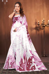 White Cotton Saree with Plum Fluid Crackle Print