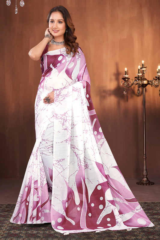White Cotton Saree with Plum Abstract Fluid Batik Crackle Print