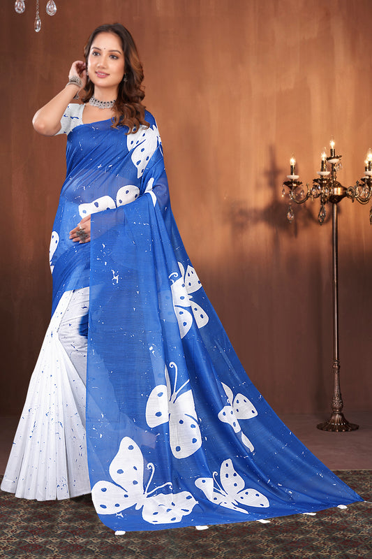 Sea Blue Cotton Saree with Royal Blue and White Batik Splatter Print