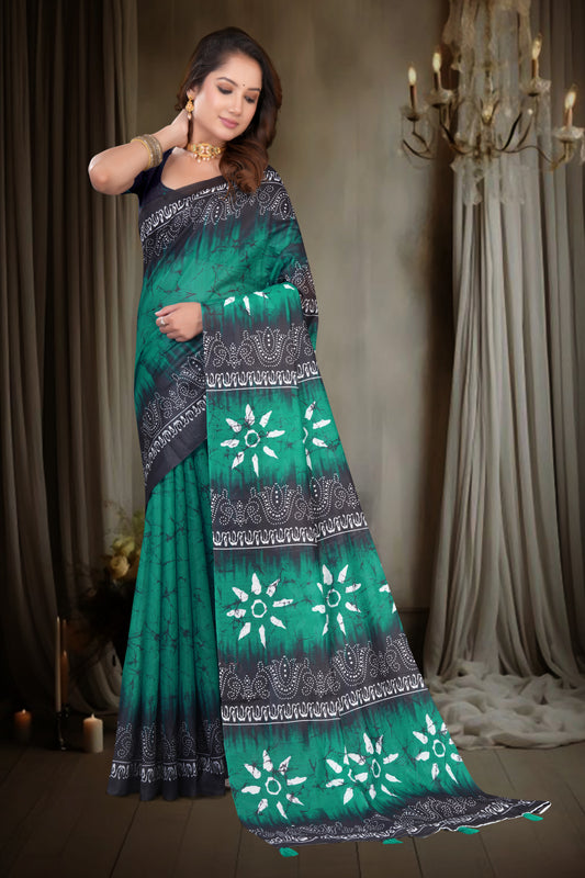 Emerald Green Cotton Saree with Black and Green Batik Fusion Print
