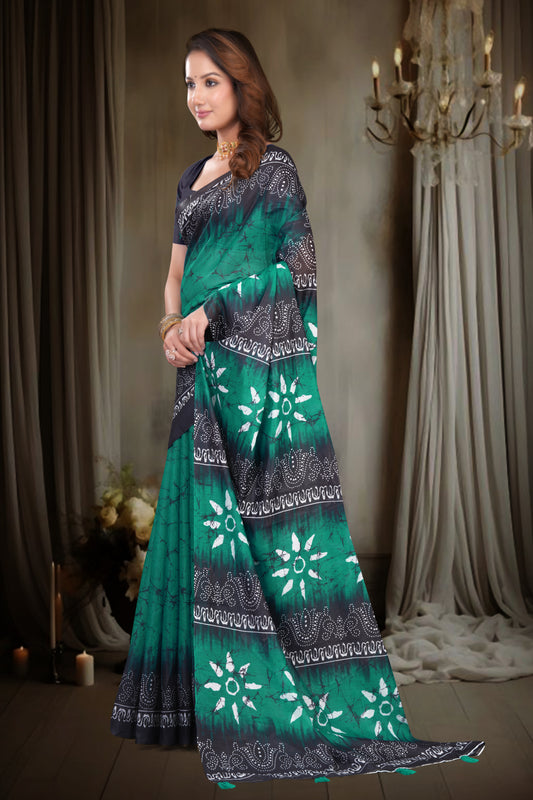 Emerald Green Cotton Saree with Black and Green Batik Fusion Print