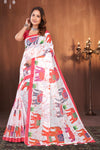 White Cotton Saree with Pink Elephant Crackle Print